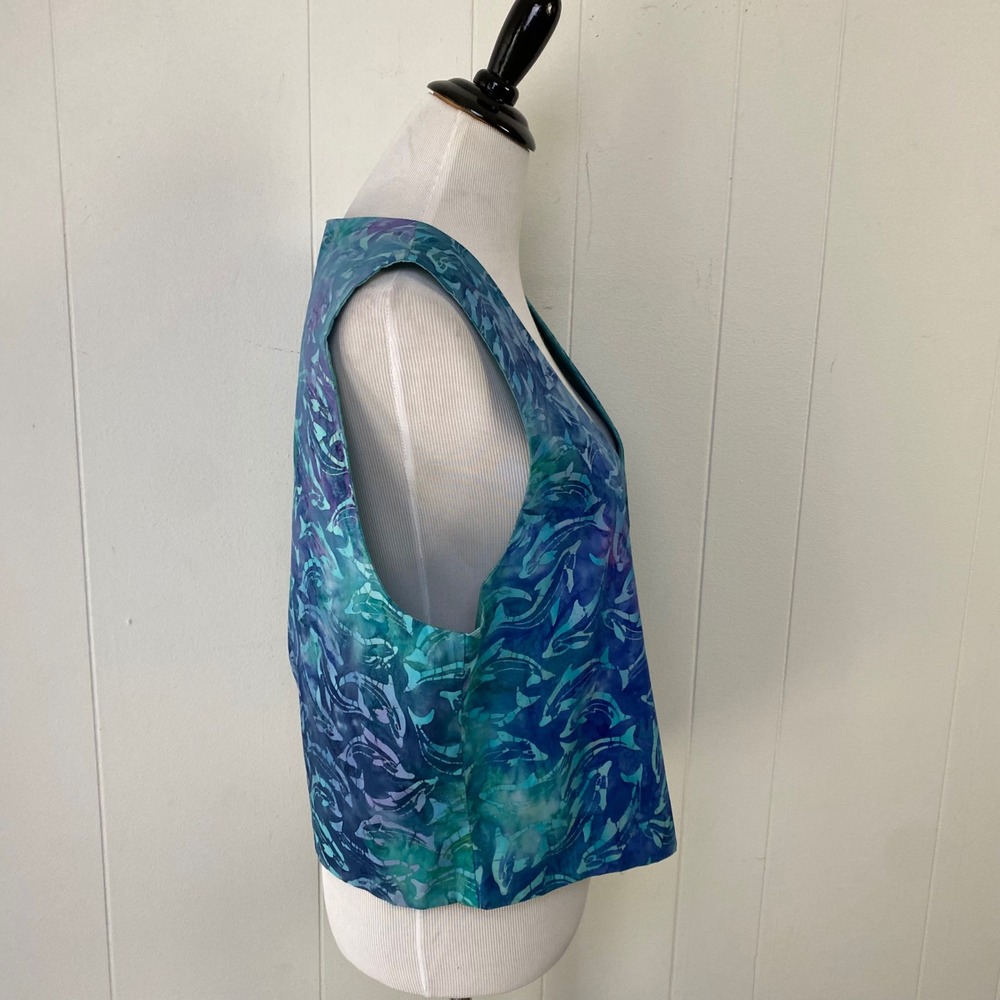 Handmade Batik Reversible Dolphin Vest Blue Teal Purple Open Front Women's M L - Picture 4 of 7
